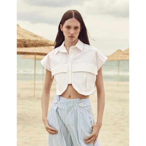 Women's Cropped Denim Shirt Cotton Polyester Sleeveless Summer Casual - Picture 3 of 7